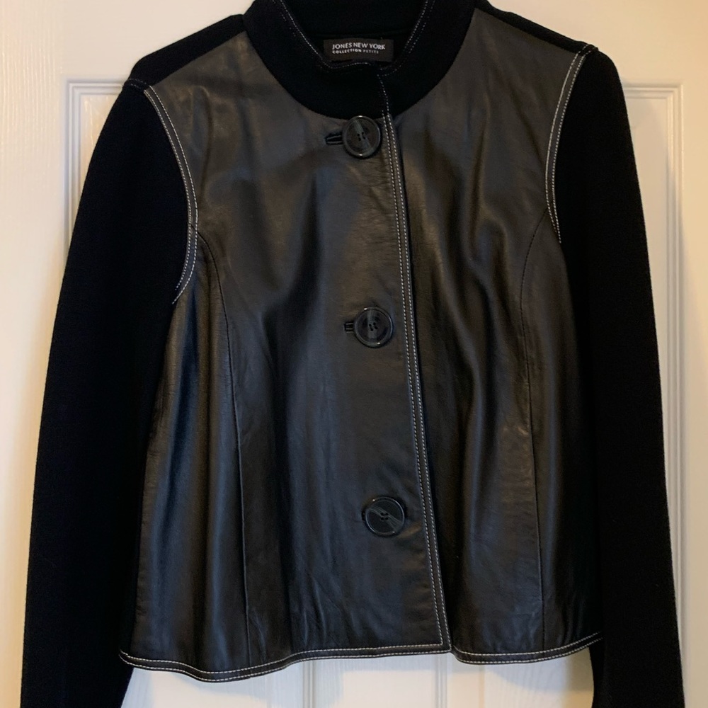 Jones New York navy sweater jacket with leather front. Pleated back.